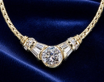 Natural Diamond Necklace 14K Yellow Gold 1.13 CT Brilliant Diamond Baguette Diamond Estate Necklace Anniversary Gift Wife