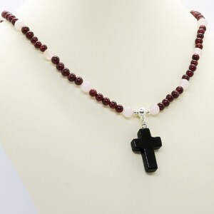 Garnet and Pink Quartz Gemstone Adjustable Necklace with Black Onyx Cross Pendent January Birthday Birthstone Christian