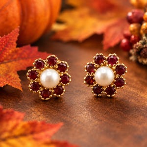 Estate Ruby Pearl Earring Jackets 14K Yellow Gold Cultured Pearl Ruby Earrings Vintage Fine Jewelry Gift for Her