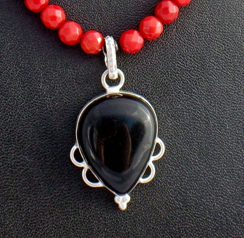 Sterling Silver Onyx and Coral Pendant main image 0