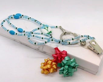 Baby Blue Flower Focal Natural Turquoise and Glass Seed Bead ID Lanyard with Clasp Key Ring