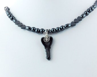 Hematite Key and Heart Pendant Necklace
