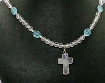 Rock Crystal Gemstone Cross with Faceted Rock Crystal and Aqua Quartz Necklace, Christian, Statement, Adjustable, Beaded