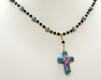 Cloisonne Cross Black Onyx Christian Pendant Necklace Beaded Statement Sedona