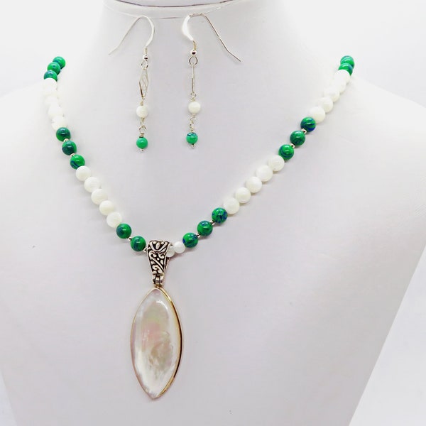 Mother of Pearl and Sterling Silver Pendant Azurite Malachite Sterling Silver Gemstone Necklace Earrings Set