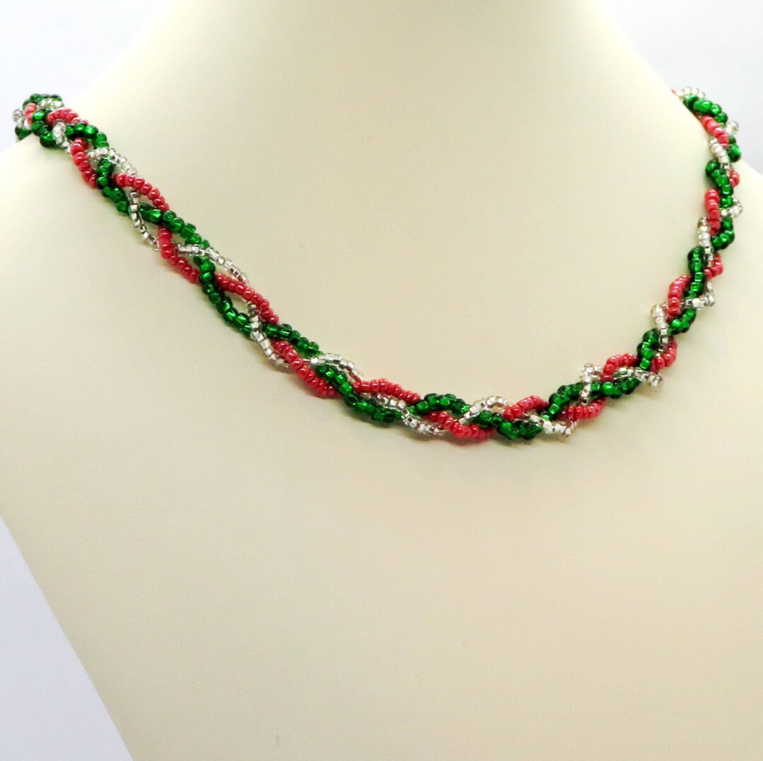 Brilliant Sparkling Red Green Silver Braided Glass Seed Bead Christmas ...