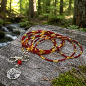 USMC St Michael Phone Lanyard, Marine Corps Crossbody Phone Strap, Red Gold Beaded Lanyard, Patriotic Military Gift USA Made