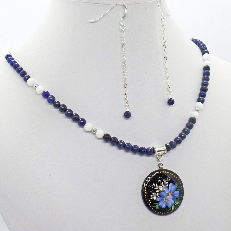 Hand Painted Flower Pendant Lapis Lazuli White Jade Sterling Silver Necklace Earrings Set Forget-Me-Nots image 1