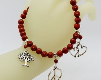 Deep Red Jasper Tree of Life, Peace Symbol, Double Heart Adjustable Bracelet