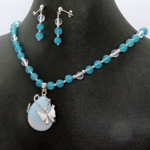 Opalite Butterfly Rainbow Pendant Blue Quartz Necklace Earrings Set image 2