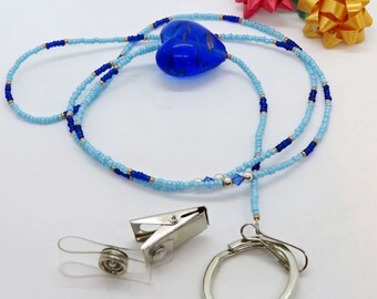 Deep Blue Glass Heart Blue & Gold Glass Seed Bead ID Key Chain Lanyard