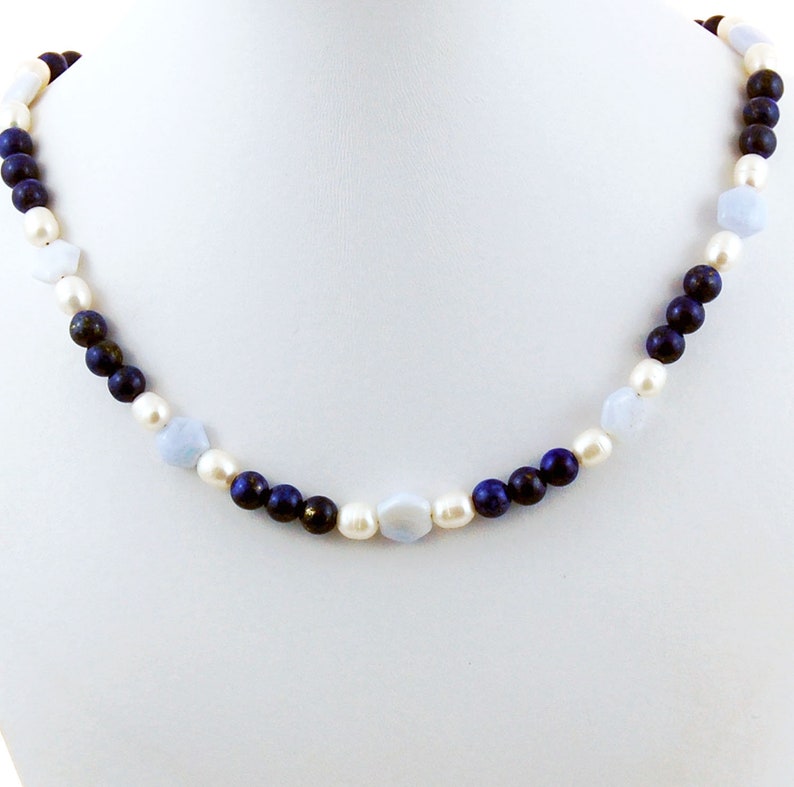Lapis Chalcedony Pearl Something Blue Bride Indigo and Soft Blue Necklace image 7