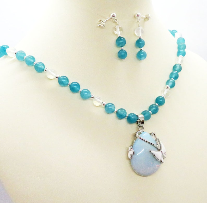 Opalite Butterfly Rainbow Pendant Blue Quartz Necklace Earrings Set image 3