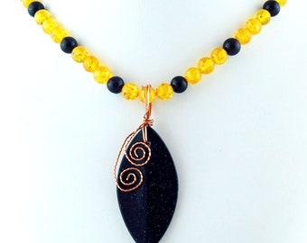 Blue Goldstone Yellow Ambroid Copper Pendant Necklace
