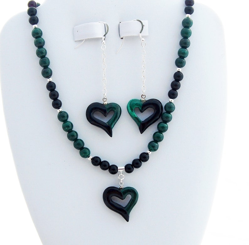 Malachite Onyx Heart Necklace and Earrings Set Natural Stone | Etsy