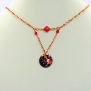 Copper Flower Disk Red Coral Adjustable Chain V Choker Victorian Edwardian