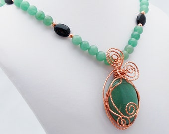 Aventurine, Onyx Copper Pendant Necklace, Handmade Designer Jewelry