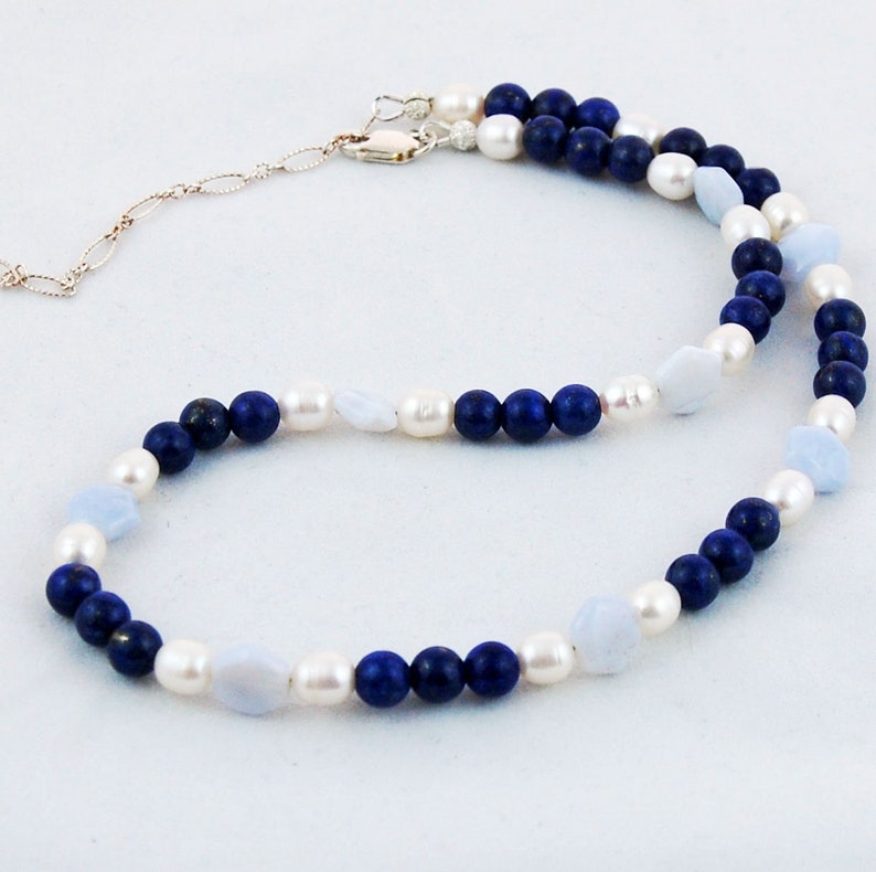 Lapis Chalcedony Pearl Something Blue Bride Indigo and Soft Blue Necklace image 4