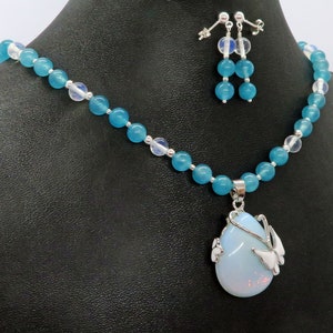 Opalite Butterfly Rainbow Pendant Blue Quartz Necklace Earrings Set image 9