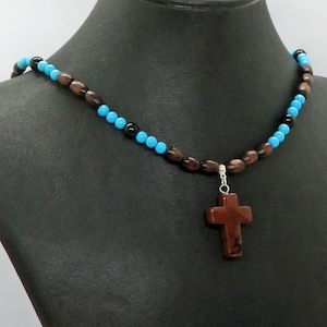 Mahogany Obsidian Cross with Dark Sugar Maple, Turquoise Magnesite and Black Onyx Necklace  St Christopher's Traveler's Prayer Christian Men
