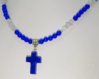 Blue Quartz Cross Blue Cream Fiber-Optic Cats Eye Beaded Necklace