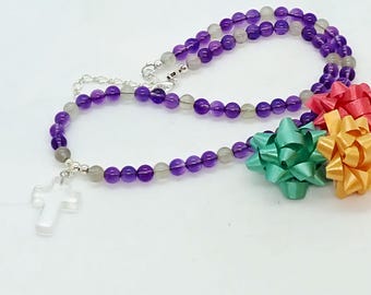 Rock Crystal Cross with Amethyst and Grey Quartz Necklace