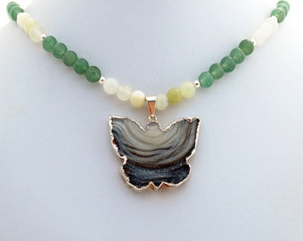 Druzy Butterfly Aventurine Quartz Pendant Necklace