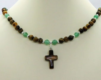 Tiger Eye Cross Pendant with Tigers Eye & Green Aventurine Adjustable Necklace "On Eagles Wings" Isaiah 40 28-31 Christian Bookmark, Beaded