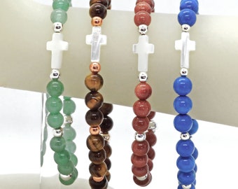 Mother of Pearl Cross & Gemstone Stacking Stretch Bracelet