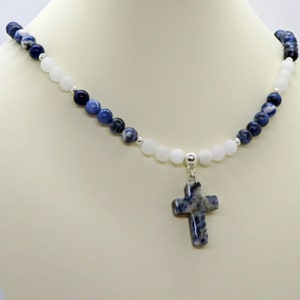 Sodalite Gemstone Cross Pendant with Sodalite and Frosted Rock Crystal Adjustable Necklace Prayer of St Francis Bookmark Beaded Christian