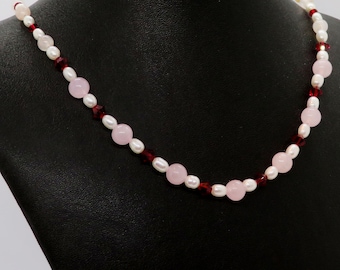 Freshwater Pearl Rose Pink Quartz Deep Red Swarovski Crystals Adjustable Necklace