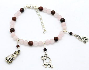 Happy Cat Pewter Charm Bracelet Pink Quartz Mahogany Obsidian Plus Size Adjustable