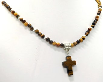 Tiger Eye Gemstone Cross Pendant Necklace Tiger's Eye Tigers Eye Psalm 19:1-4 The Heavens Proclaim the Glory of God Natural Stone, beaded