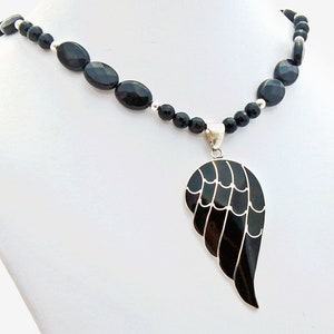 Black Angel Wing Onyx Sterling Silver Pendant Necklace image 2