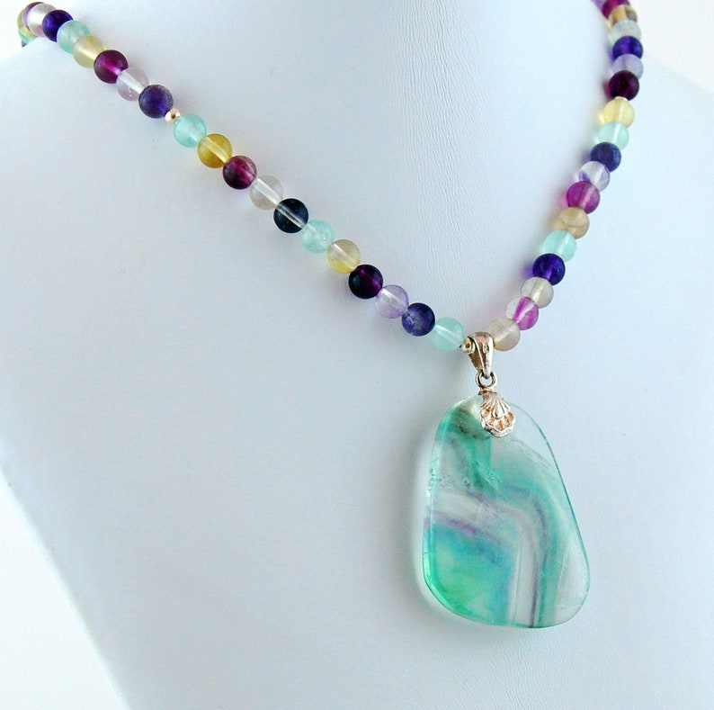 Rainbow Fluorite Sterling Silver Pendant Necklace, Round Cut Gemstones image 1