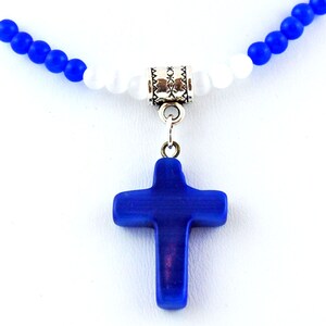 Blue Cats Eye Cross Pendant with Blue and White Cats Eye Necklace, Glass Cross Pendant Necklace image 3