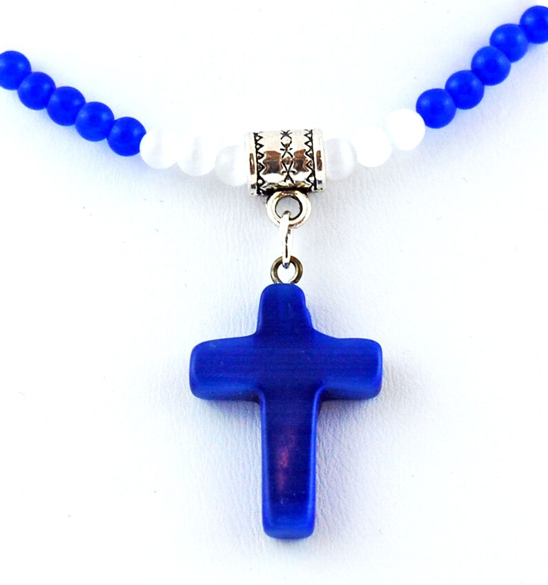 Blue Cats Eye Cross Pendant with Blue and White Cats Eye Necklace, Glass Cross Pendant Necklace image 3