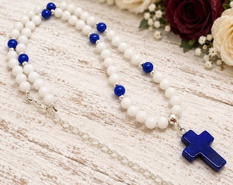 Dark Blue Quartz Cross Necklace, White Jade Gemstone Necklace, Christian Jewelry, Faith Gift for Women, Made in USA, Handmade
