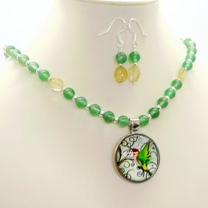 Hummingbird Pendant Green and Yellow Quartz Gemstone Necklace Earrings Set