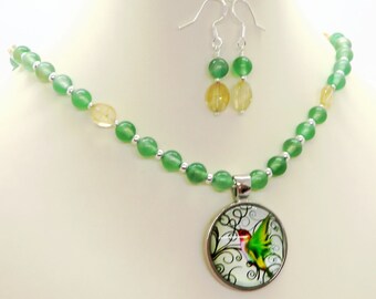 Hummingbird Pendant Green and Yellow Quartz Gemstone Necklace Earrings Set