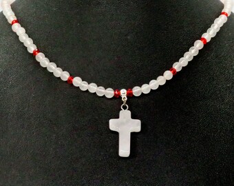 Frosted White Quartz Christian Cross with Frosted White Quartz Gemstone and Red Crystal Bead Adjustable Choker Necklace