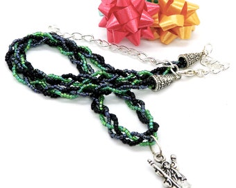 Braided Iridescent Glass Seed Bead Adjustable Necklace with Wizard Pendant