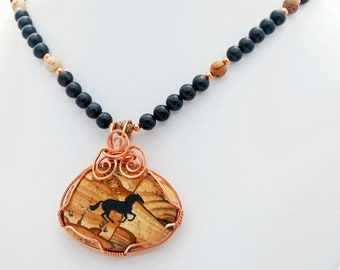 Horse Engraved Picture Pendant Jasper Onyx Necklace