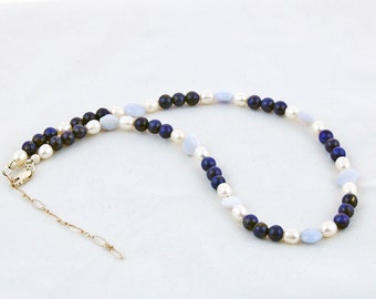 Lapis Chalcedony Pearl "Something Blue" Bride Indigo and Soft Blue Necklace