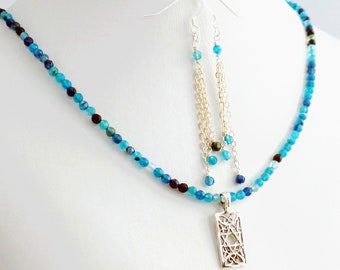 Star of David Indigo and Aqua Apatite Necklace Dangle Drop Earrings Set