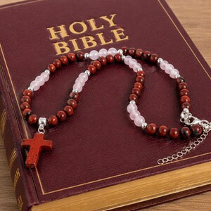Red Jasper Cross Necklace Rose Quartz Christian Faith Jewelry Handmade USA Natural Stone Cross Pendant Gift for Women image 7