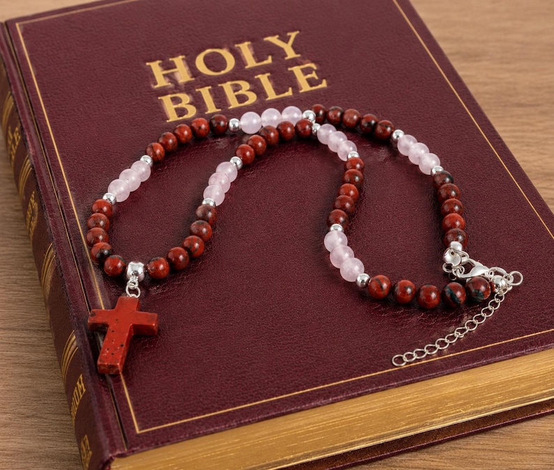 Red Jasper Cross Necklace Rose Quartz Christian Faith Jewelry Handmade USA Natural Stone Cross Pendant Gift for Women image 7
