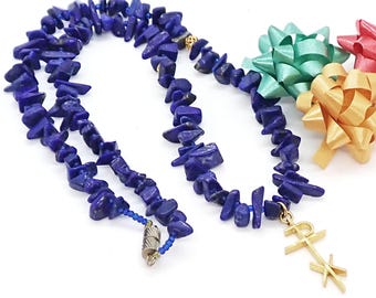 Chi Rho and Tumbled Lapis Lazuli Necklace