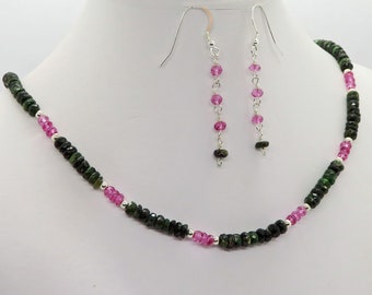 Tourmaline Green and Pink Gemstone Necklace Earrings Set