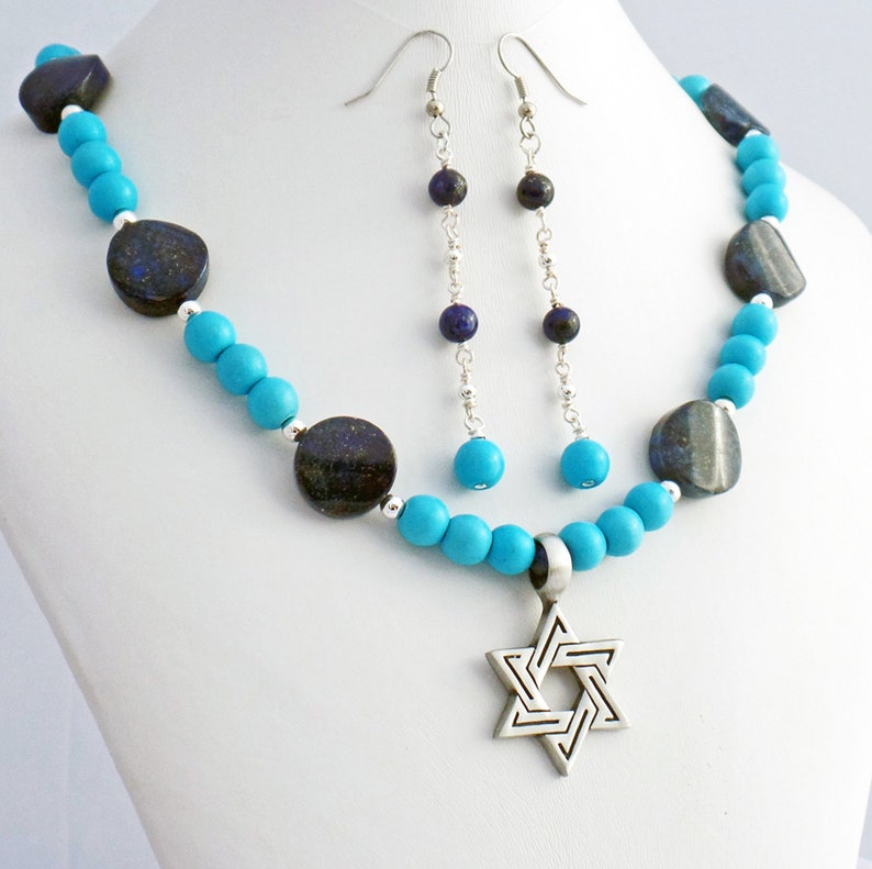 Star of David Turquoise and Indigo Blue Lapis Necklace Dangle Drop Earrings Set Southwest Design from Sedona image 1
